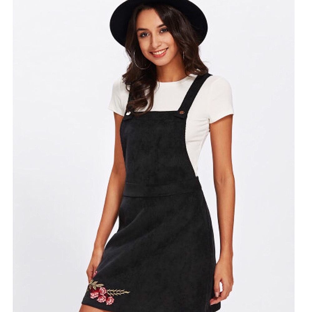 Black Rose Embroidery Patch Overall Dress
